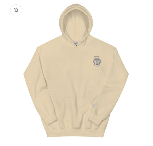 beige hoodie with HALPHS monogram logo on left chest