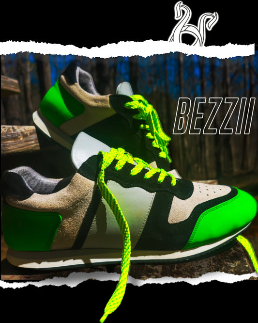 Bezzii Sneakers promo ad. Bright lime green grey black and white track shoes with bright neon green laces. 
